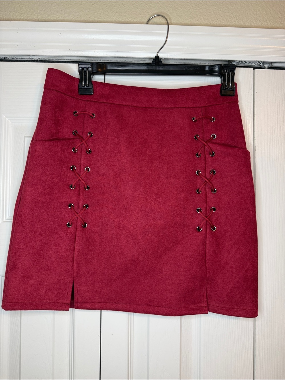 Women’s Lace-Up Faux Suede Mini Skirt - Red